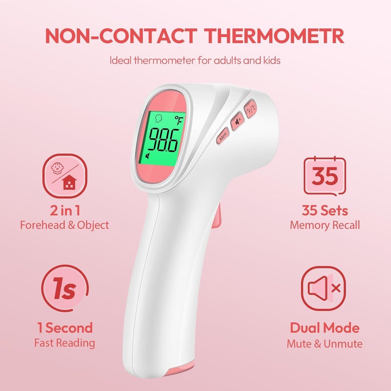 Viproud Forehead Thermometer for Adults, Kids & Babies, No-Touch Digital Thermometer with LCD Backlight Display, Fever Alarm and 1s Instant Reading - Pink - Image 2